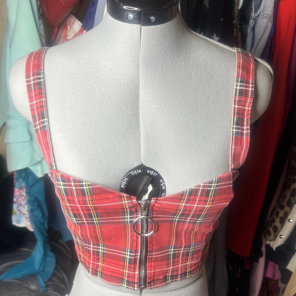 Forever 21 Red Plaid Crop Top with Zipper